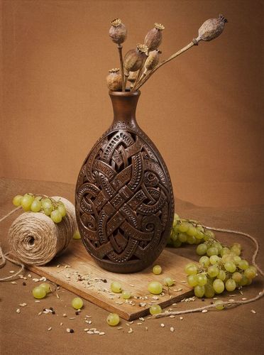 Handmade brown ceramic laced 10 inches vase - MADEheart.com