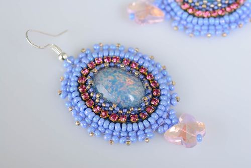 Designer beaded earrings with natural stones handmade oval stylish accessory - MADEheart.com