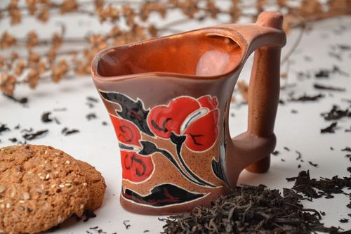 8 oz art porcelain clay coffee or tea drinking cup with a wide handle and floral pattern - MADEheart.com