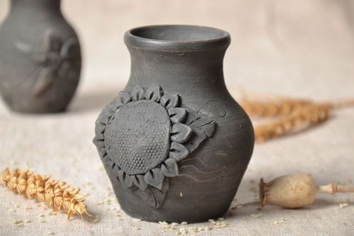 Handmade clay vase 4 inches with molded sunflower décor 0,5 lb - MADEheart.com