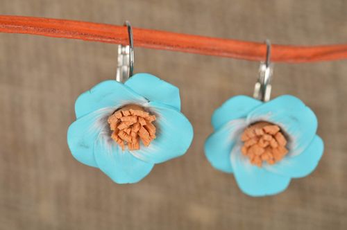 Beautiful blue handmade polymer clay flower earrings of small size for girls - MADEheart.com