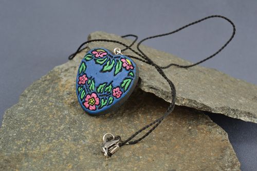 Heart shaped blue handmade painted clay neck pendant with black cord - MADEheart.com