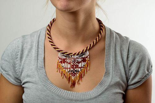 Handmade beaded necklace multicolored beaded accessory crocheted necklace - MADEheart.com