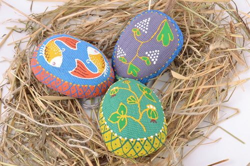 Set of 3 handmade decorative Easter eggs sewn of fabric painted with acrylics - MADEheart.com
