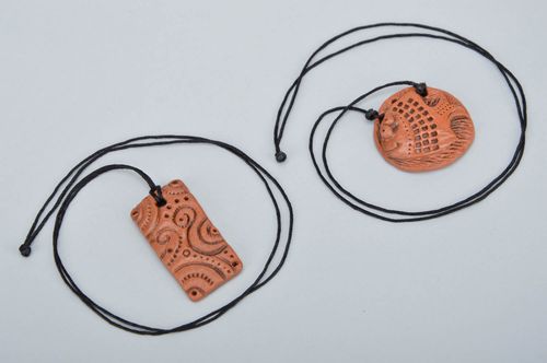 Handmade set of pendants 2 ceramic pendants stylish ethnic accessories - MADEheart.com