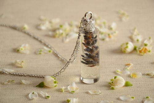 Handmade epoxy resin pendant with flowers in the shape of vial on chain - MADEheart.com