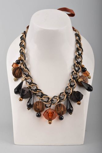 Metal beautiful handmade necklace made of beads on metal chain with ribbon - MADEheart.com