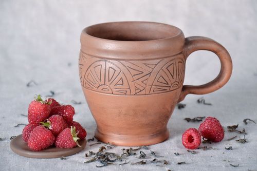 7 oz ceramic glazed coffee cup with handle and Greek style pattern - MADEheart.com