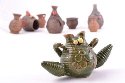 Handmade designer souvenir ceramic statuette of frog painted with green enamel - MADEheart.com