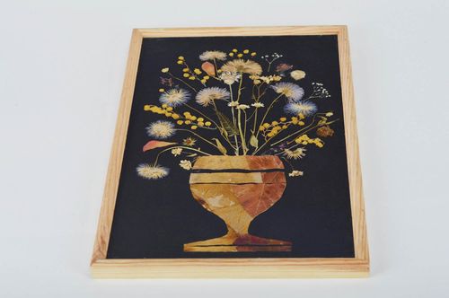 Tableau en feuilles séchées et fleurs de mimosa sur tissu fait main Vase - MADEheart.com