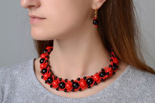 Red and black handmade designer beaded jewelry set 2 pieces unusual earrings and necklace - MADEheart.com