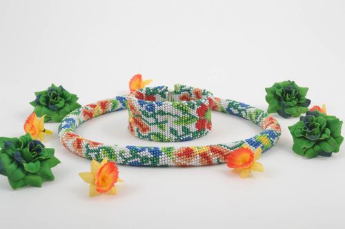 Unusual handmade beaded jewelry set beaded necklace beaded bracelet beaded cords - MADEheart.com