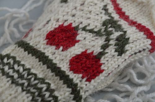 Handmade warm mittens knitted of natural wool with cherries pattern for girls - MADEheart.com