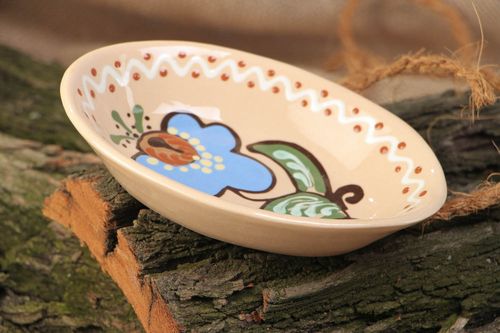 Light ceramic bowl with handmade floral painting with glaze in ethnic style  - MADEheart.com