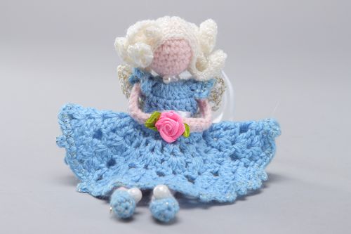 Small handmade soft toy crocheted of cotton and acrylics Girl in blue dress - MADEheart.com