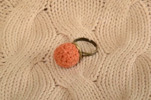 Handmade designer jewelry ring on metal basis with crocheted orange bead - MADEheart.com