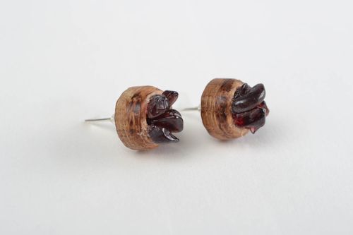 Handmade designer small wooden stud earrings with natural garnet stone - MADEheart.com