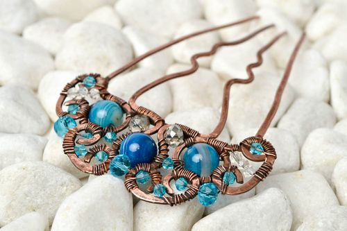 Barrette cheveux fait main Accessoire coiffure cuivre agate cristal Cadeau femme - MADEheart.com