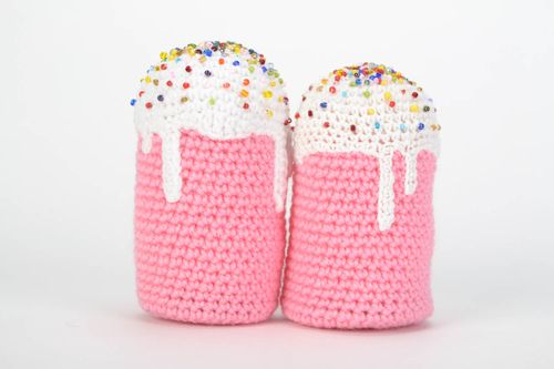 Set of 2 handmade soft crochet toys in the shape of pink and white Easter cakes - MADEheart.com