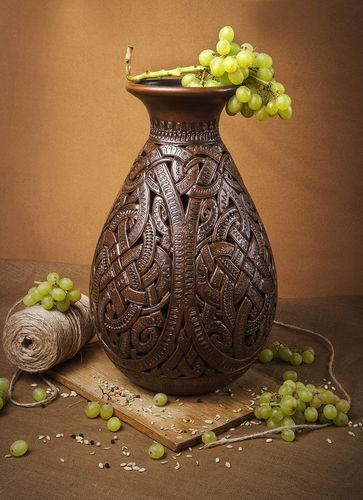 Brown handmade clay ceramic lace decorative 14 inches vase for livingroom 4,5 lb - MADEheart.com