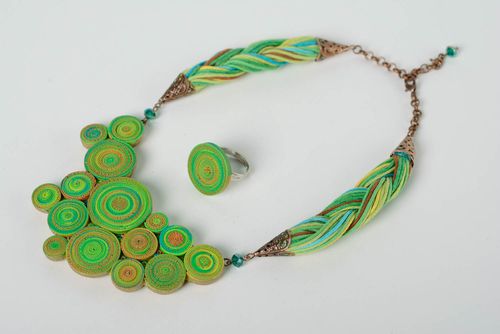 Handmade designer polymer clay jewelry set 2 items green necklace and ring  - MADEheart.com