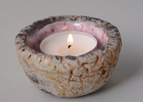Small unusual handmade candle holder molded of clay for one tablet candle  - MADEheart.com