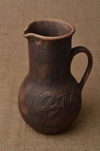 Large 100 oz lead-free clay water jug with handle and no lid in dark brown color 3 lb - MADEheart.com