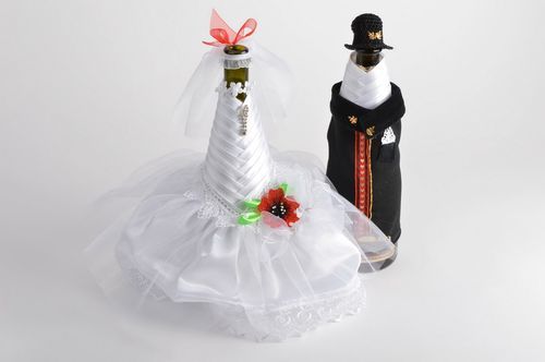 Set of 2 handmade festive designer champagne bottle covers Groom and Bride - MADEheart.com
