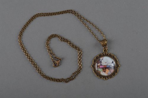 Handmade designer pendant with print made using decoupage technique on long chain - MADEheart.com