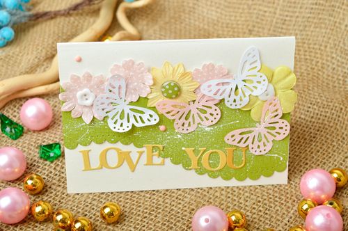 Carte de voeux faite main avec fleurs et papillons Petit cadeau LOVE YOU - MADEheart.com