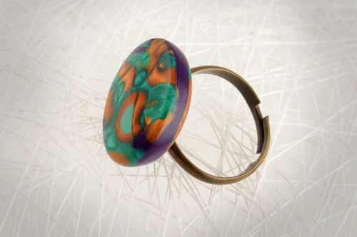 Handmade round colorful polymer clay jewelry ring on metal basis - MADEheart.com