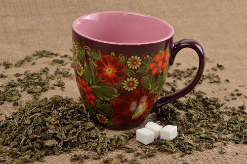 16 oz XXL ceramic teacup with handle and Russian-style floral decor - MADEheart.com