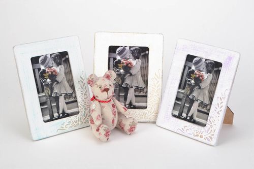 Set of 3 handmade vintage plywood photo frames of white color with ornaments - MADEheart.com