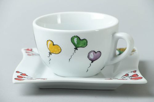 Porcelain handmade drinking cup for kids with handle, saucer, and funny teddy bears a pattern - MADEheart.com