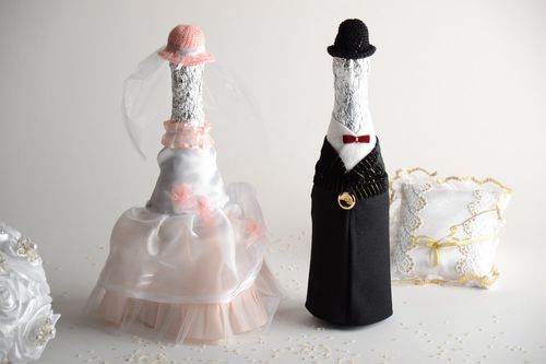 Handmade wedding covers for champagne bottles sewn of satin Bride and Groom - MADEheart.com