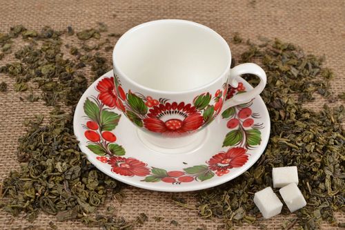Set of 2 (two) ceramic porcelain white tea or coffee cups in bright floral Russian-style  - MADEheart.com