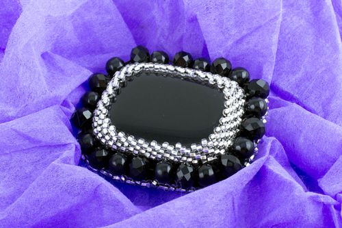 Handmade elegant festive black agate brooch with seed beads on leather basis - MADEheart.com