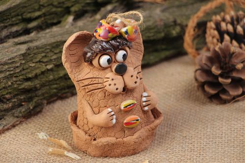 Handmade clay bell in the shape of mouse painted with acrylics - MADEheart.com