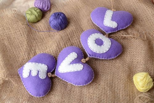 Handmade designer interior garland with soft violet felt fabric hearts Love - MADEheart.com