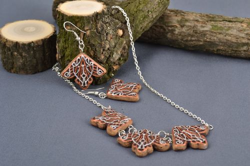 Set of handmade painted ceramic ethnic jewelry 2 items bead necklace and earrings - MADEheart.com