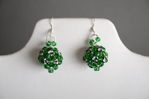 Handmade beautiful ball-shaped dangling earrings crocheted of green beads - MADEheart.com