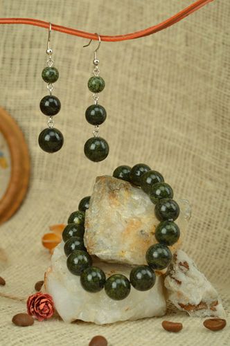 Set of handmade beaded jewelry earrings and bracelet styled on natural stone - MADEheart.com