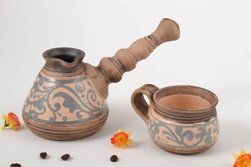 10 oz glazed ceramic turk and 3 oz coffee cup with handle and floral pattern - MADEheart.com