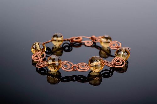 Copper bracelet with Czech crystal in the wire wrap technique - MADEheart.com