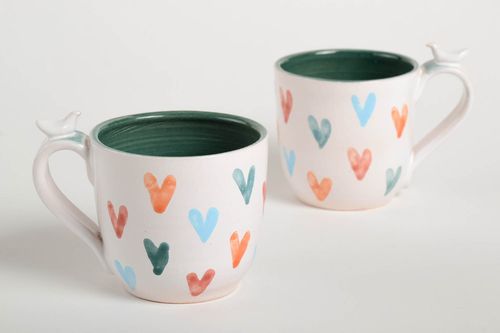 Clay art ceramic set of 2 )two) teacups in white color with heart pattern - MADEheart.com