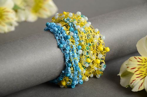 Airy women s wrist bracelet woven of yellow and blue Czech seed beads - MADEheart.com