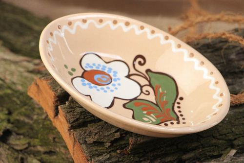 Helle schöne bemalte Schüssel aus Ton mit Glasur Designer Handarbeit Öko Geschirr - MADEheart.com