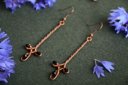 Handmade designer long copper wire wrap earrings with tiny beads of black agate - MADEheart.com
