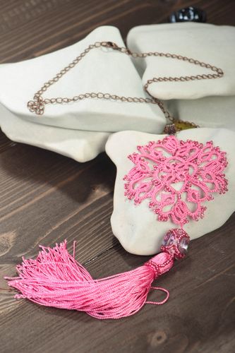 Handmade pink necklace accessory made of silk openwork designer jewelry - MADEheart.com