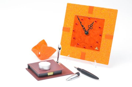 Handmade glass home decor clock and candlestick orange decor elements - MADEheart.com